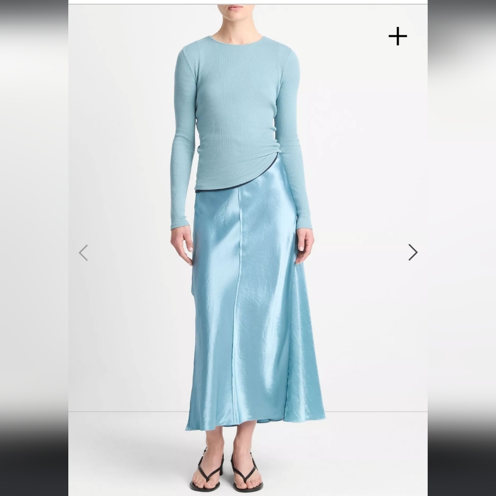 Vince Deep Blue Satin Raw-Edge Paneled Slip Skirt NWOT